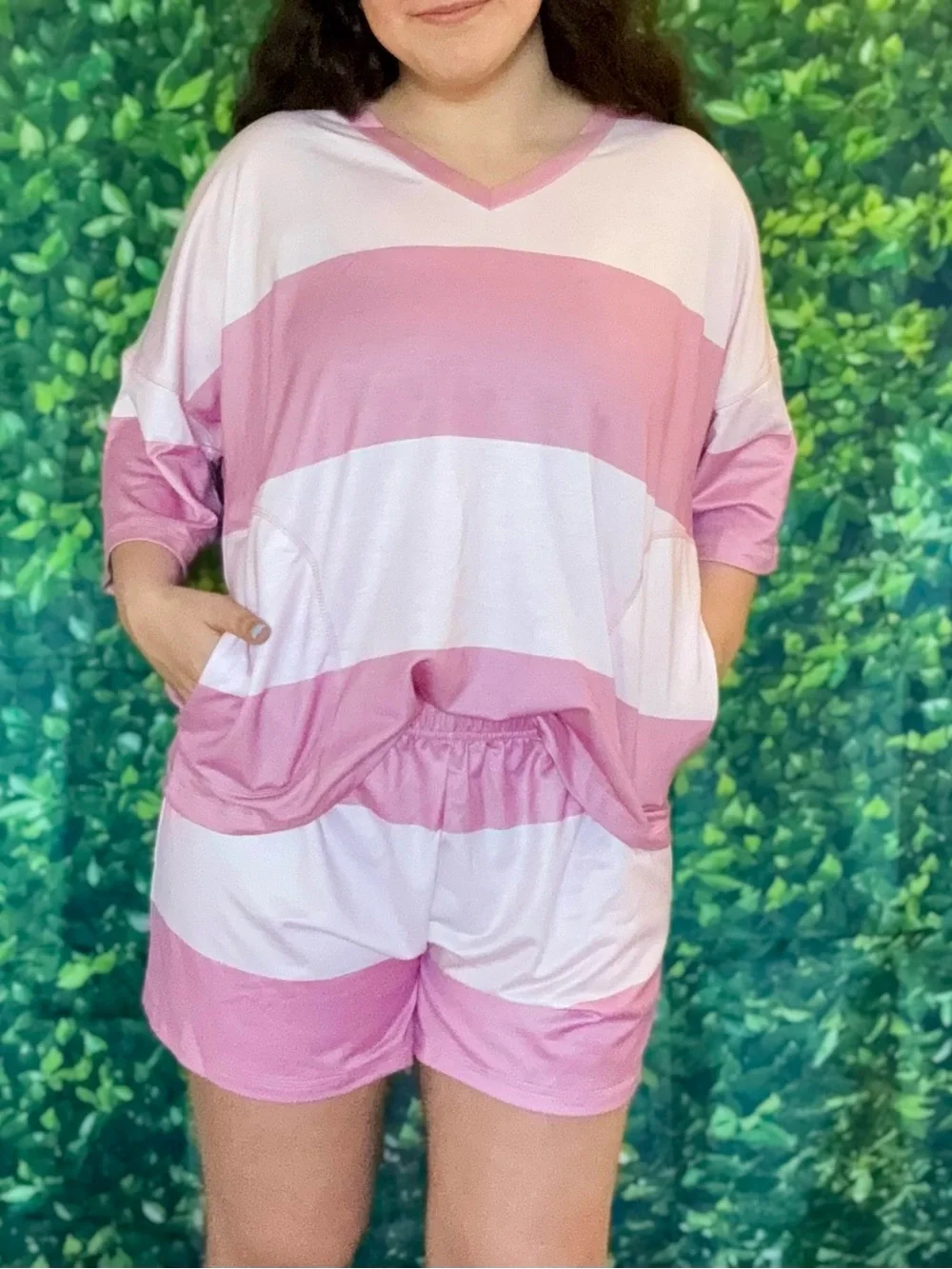 Women's Pink & White Striped Lounge Set - Relaxed Shorts Matching Set